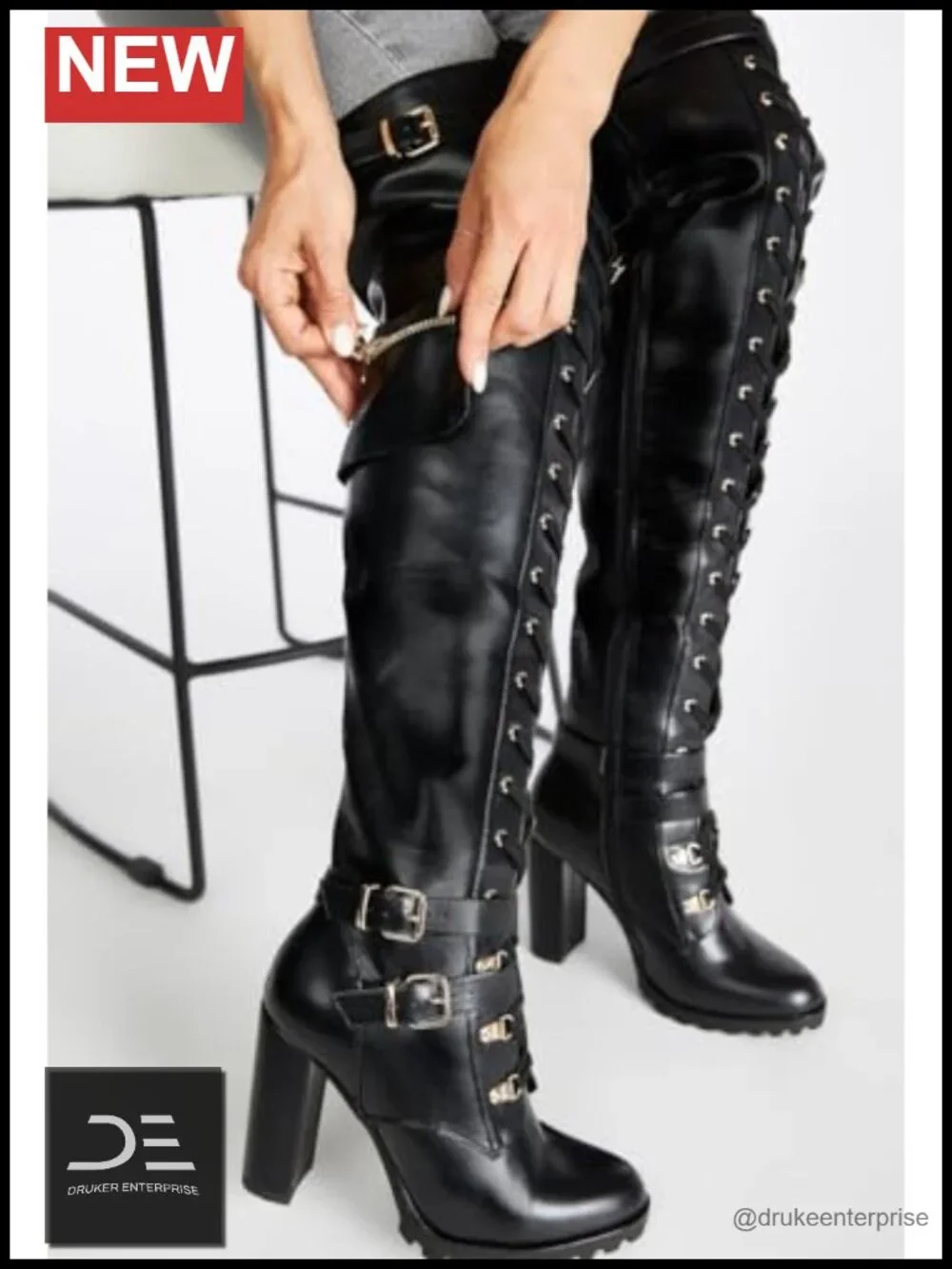 Chunky Block Heel Over the Knee Boots Lace Up Combat Riding Boots Side Zipper